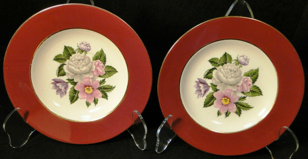 Homer Laughlin Margaret Rose Maroon Dessert Pie Plates 7 1/4" Set 2 Excellent