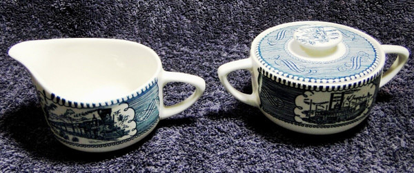 Currier Ives Royal China Blue & White Creamer and Sugar with Lid Set Excellent