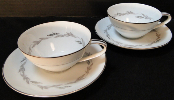 Noritake Graywood Tea Cup Saucer Sets 6041 Japan Gray Leaves 2 Excellent