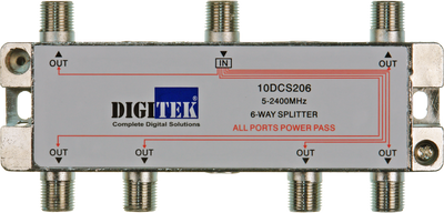 Digitek 6 Way 5-2400MHZ F Type Splitter - All Leg Power Pass Digitek 6 Way 5-2400MHZ F Type Splitter - All Leg Power Pass