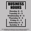 Custom personalized business hours decal sticker applied to storefront glass door white black
