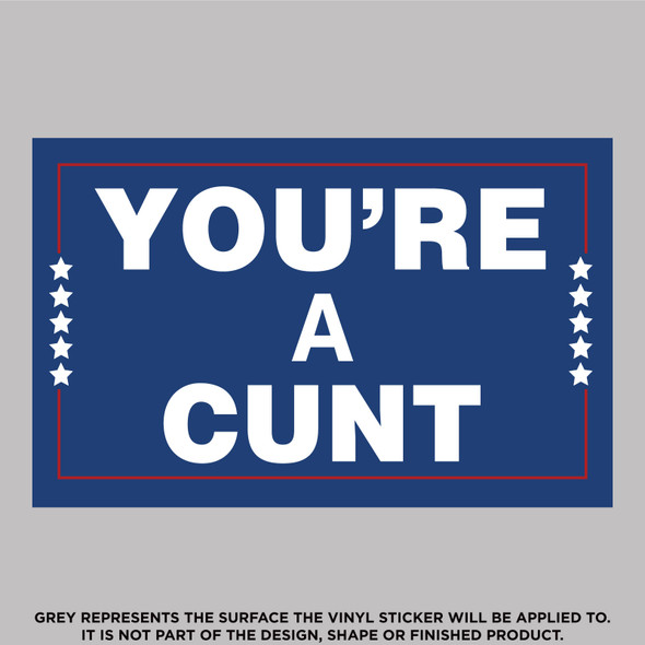 Blue and red political joke decal with stars reading "YOU'RE A CUNT. I MEAN IN A CULT"