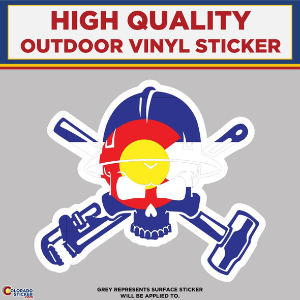 Skull Wearing Hardhat With Colorado Flag Design, High Quality Vinyl Stickers New Colorado Sticker