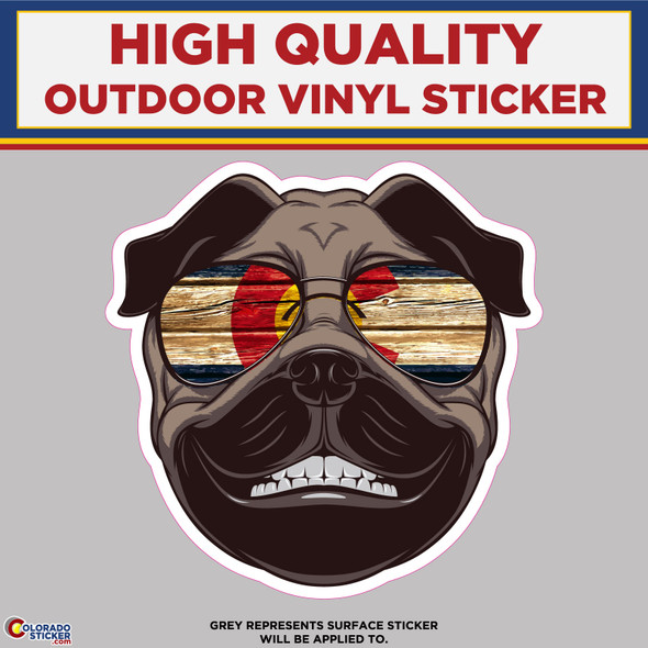 Pug with Glasses and Colorado Flag Pattern, High Quality Vinyl Stickers