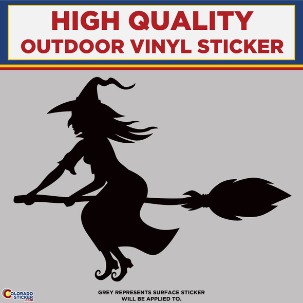 Witch Riding Broom, Die Cut High Quality Vinyl Stickers Black