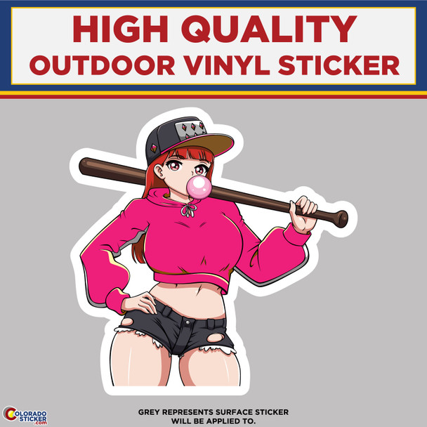 Anime Girl Holding Baseball Bat, High Quality Vinyl Sticker Decals