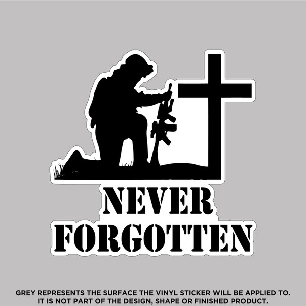 Never Forgotten Kneeling Soldier with Weapon Vinyl Sticker Decal