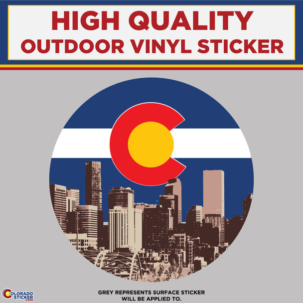 Downtown Denver With Colorado Flag, High Quality Vinyl Stickers New Colorado Sticker