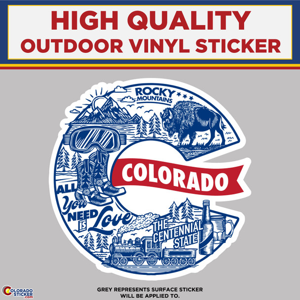 Colorado C with Mountains and Animals, High Quality Vinyl Stickers New Colorado Sticker