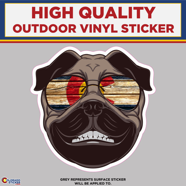 Pug with Glasses and Colorado Flag Pattern, High Quality Vinyl Stickers New Colorado Sticker