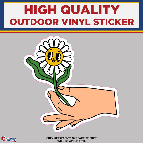 Hand Holding A Daisy Flower, High Quality Vinyl Stickers left facing