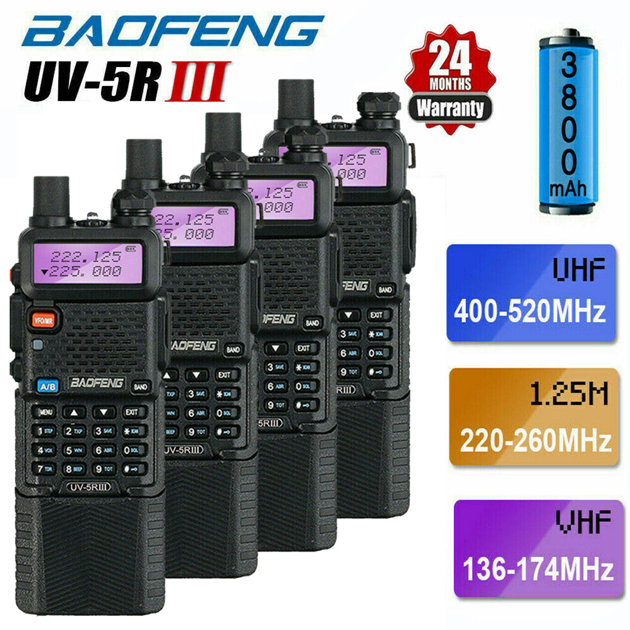 Baofeng Radio UK x BAOFENG UV-5R III Tri-Band VHF/UHF 3800mAH Walkie  Talkies Long Range Ham Radio