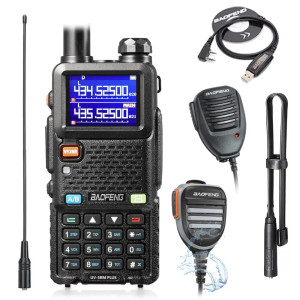 Baofeng UV-5RM Plus Long Range Walkie Talkies - Bundle Set (Antenna, Speaker Mic, Programming Cable)