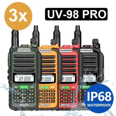 3 X Baofeng UV 98 PRO IP68 Waterproof Walkie Talkie UHF/VHF 8W Dual Band High Power Long Range Radio Cover