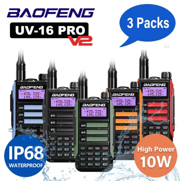 3x Baofeng UV-16 Pro V2 10W Dual-Band IP68 Waterproof Walkie Talkie  VHF/UHF Long Range Two Way Radio