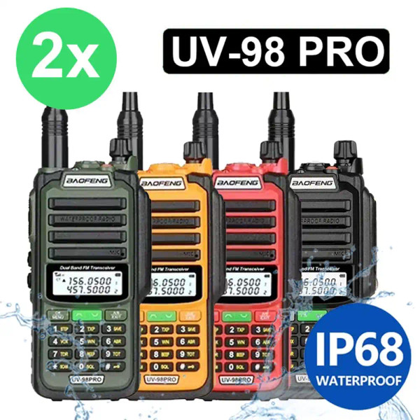 2 X Baofeng UV 98 PRO IP68 Waterproof Walkie Talkie UHF/VHF 8W Dual Band High Power Long Range Radio Cover