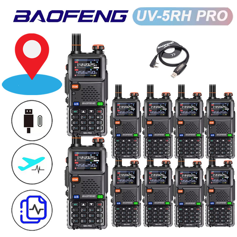 10-pack of Baofeng UV-5RH Pro GPS multi-band ham radios with a programming cable