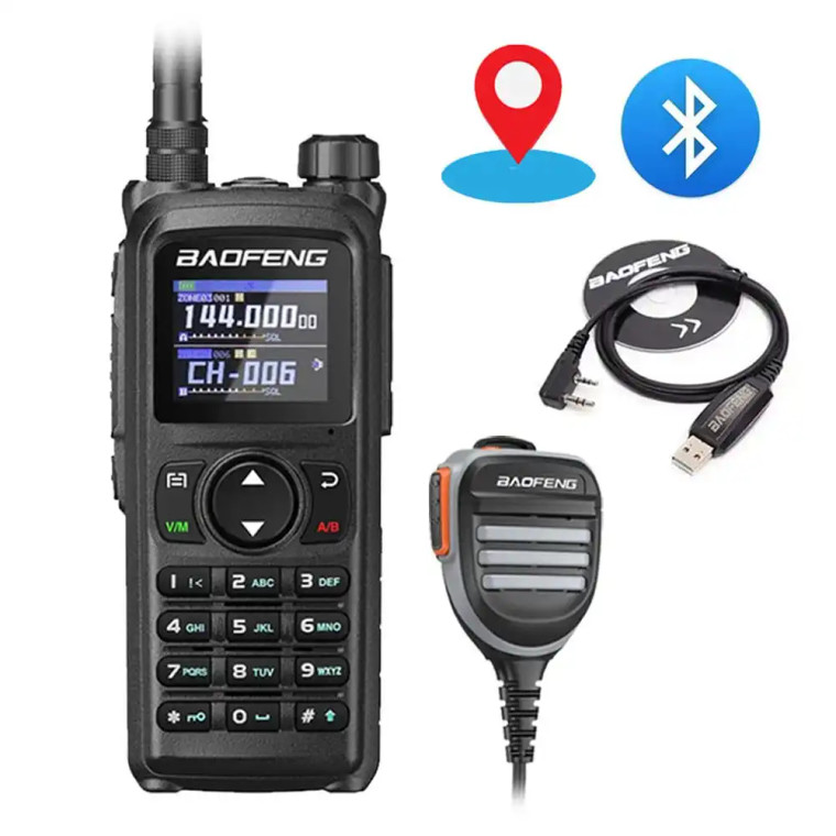 Baofeng UV-28 Pro GPS Bluetooth Walkie Talkie 10W Long Range Multi-Band Two-Way Radio + Waterproof Speaker Mic + Programming Cable