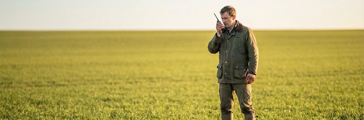 Outdoor worker using a VHF radio in an open agricultural field