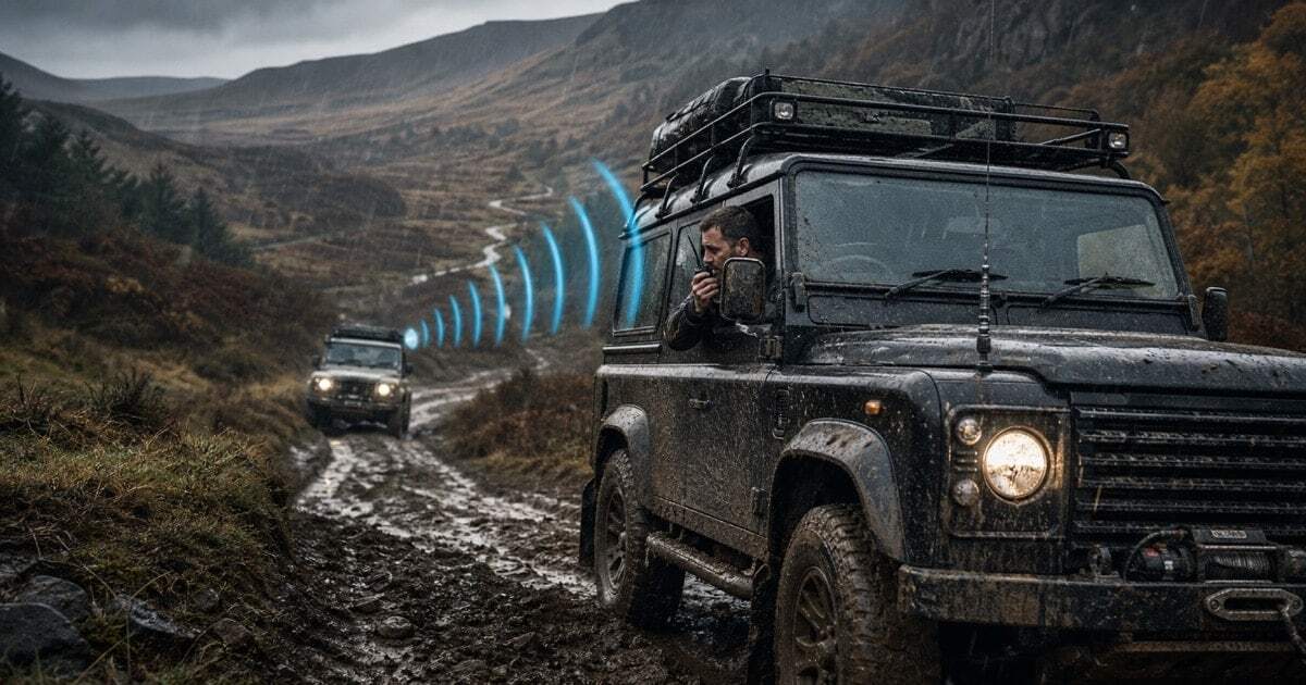 Two 4x4 vehicles navigating a muddy British off-road trail with a passenger in the lead vehicle using a walkie-talkie, showing how terrain affects radio performance in off-road convoy communication