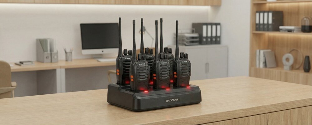 A 6-pack bundle of professional two-way radios charging in a multi-unit docking station inside a retail manager's office.