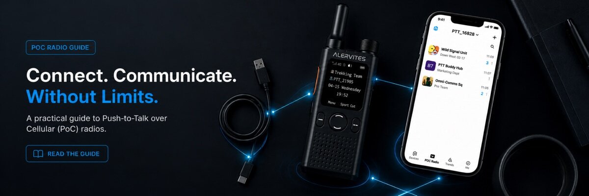 Alervites PoC-AT1 Setup Guide — PoC Network Radio with Smartphone App and USB-C Cable on Dark Surface