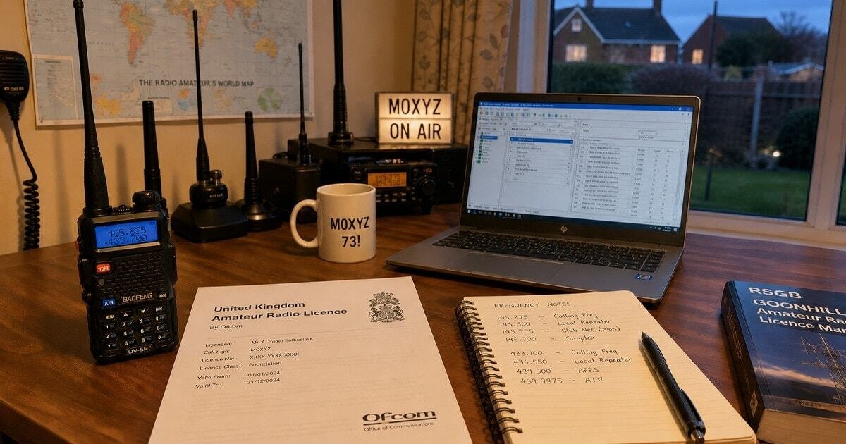 A hobbyist amateur ham radio desk setup in a British home office featuring a handheld transceiver, programming cable, laptop and UK amateur radio licence document