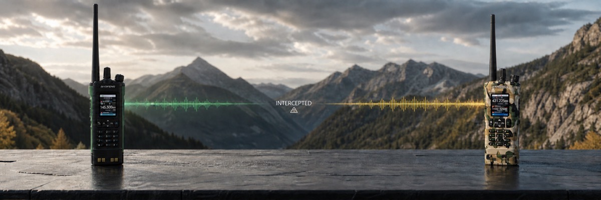 Two multi-channel walkie-talkies placed far apart on a table, illustrating how open frequencies can broadcast to multiple devices.