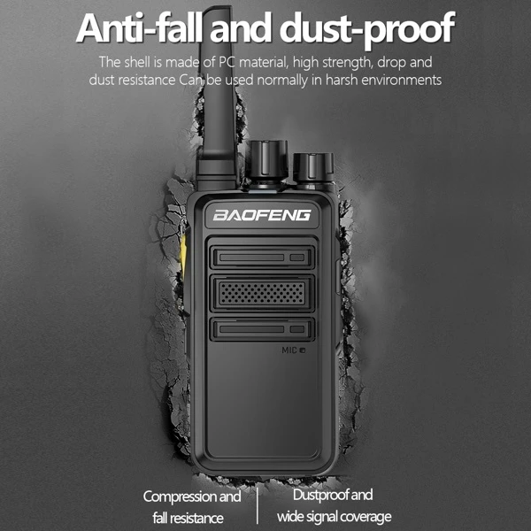 Baofeng BF-V12D walkie talkie featuring a shockproof PC shell designed for drop resistance, dust protection, and reliable performance in harsh environments.