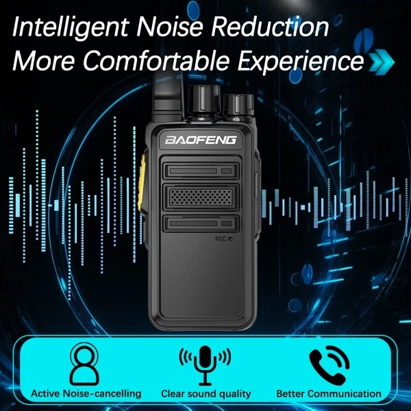 Baofeng BF-V12D two-way radio graphic showcasing its active noise-cancelling feature with soundwave visual elements for clear communication quality.