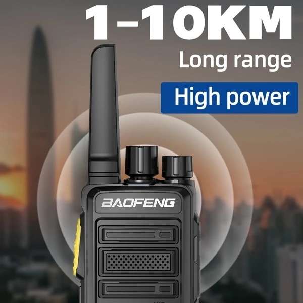 Baofeng BF-V12D high power walkie talkie promotional graphic advertising a long communication range of up to 1-10 kilometers over a city skyline background.