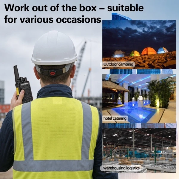 A construction worker using a Baofeng BF-V12D walkie talkie, featuring its plug-and-play suitability for outdoor camping, hotel catering, and warehousing logistics.