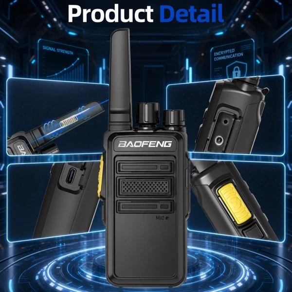 Baofeng BF-V12D two-way radio product detail graphic showing close-ups of the antenna coil, audio jack, Type-C charging port, and yellow PTT button.