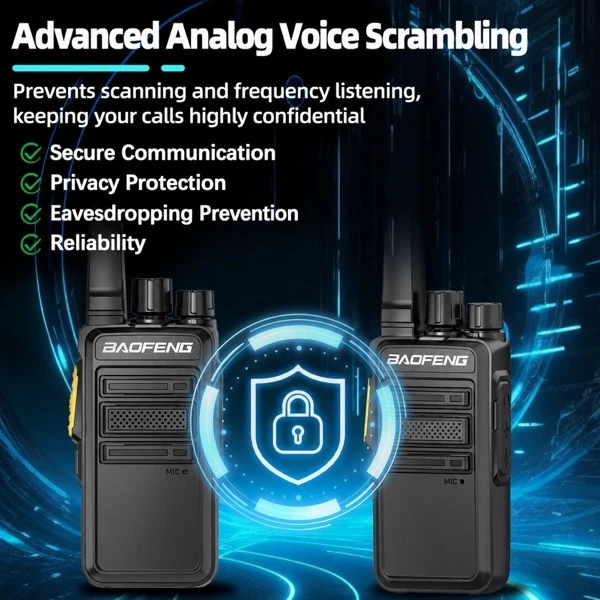 Baofeng BF-V12D walkie talkie product graphic showing two two-way radios with an advanced analog voice scrambling feature for secure communication and eavesdropping prevention.