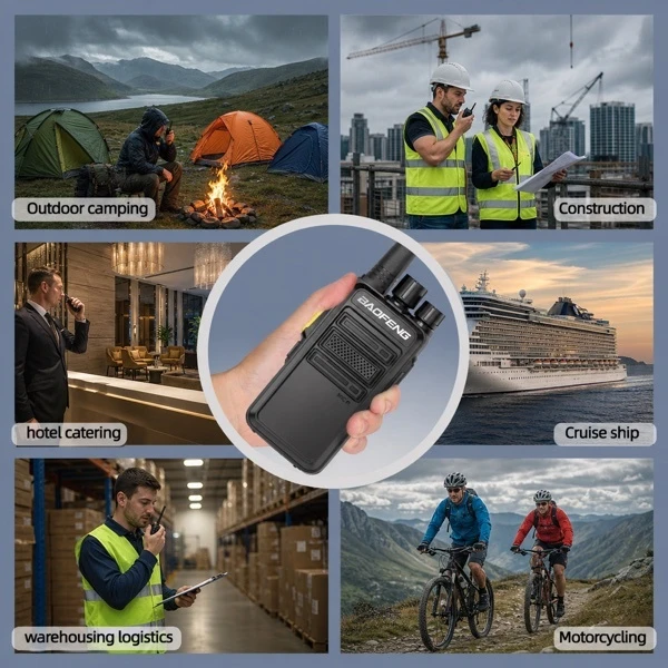 Baofeng BF-V12D walkie talkie application scenarios including outdoor camping, construction sites, hotel catering, cruise ships, warehousing logistics, and motorcycling.