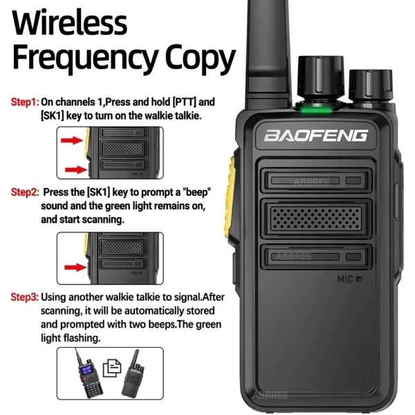 An instructional graphic for the Baofeng BF-V12D walkie talkie detailing the three steps for wireless frequency copy and channel scanning over the air.