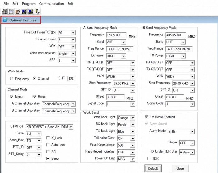 Baofeng CPS Optional Features additional settings showing DTMF, FM Radio and Voice Prompt configuration options