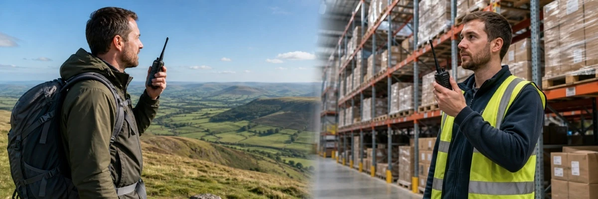 Baofeng dual-band VHF UHF handheld radio used in both outdoor hilltop and indoor warehouse environments in the UK