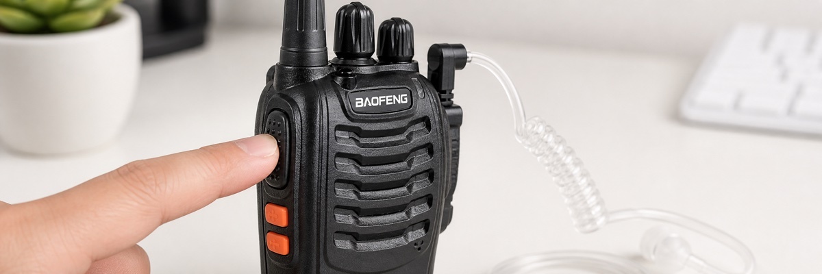 Close-up of Baofeng walkie talkie PTT button and connected earpiece accessory for troubleshooting