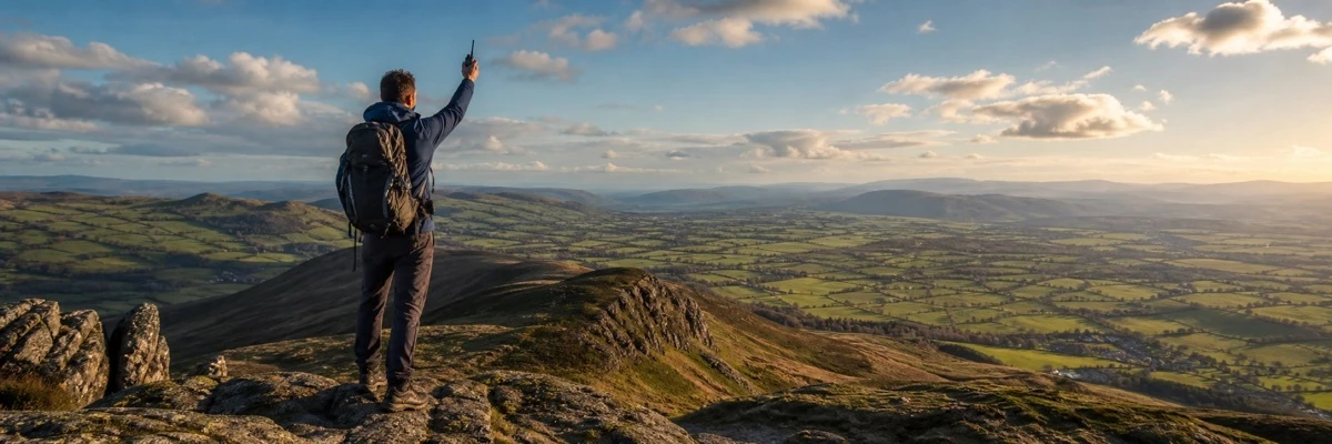 Person on a UK hilltop using a Baofeng long-range VHF handheld radio with expansive countryside views and clear line of sight