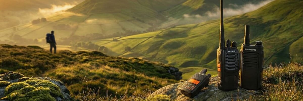 Three Baofeng mini walkie-talkies displayed side-by-side. Compact, license-free PMR446 two-way radios ideal for UK outdoor adventures, businesses, and family travel.
