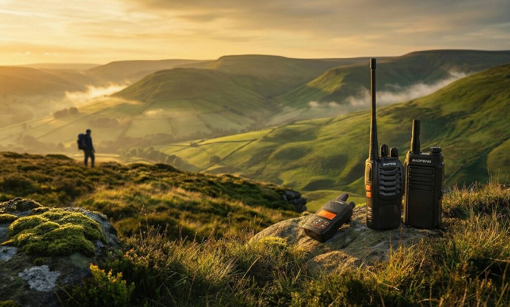 Three Baofeng mini walkie-talkies displayed side-by-side. Compact, license-free PMR446 two-way radios ideal for UK outdoor adventures, businesses, and family travel.
