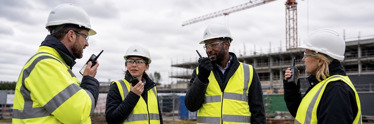 Professional UK team using Baofeng two-way radios for workplace communication