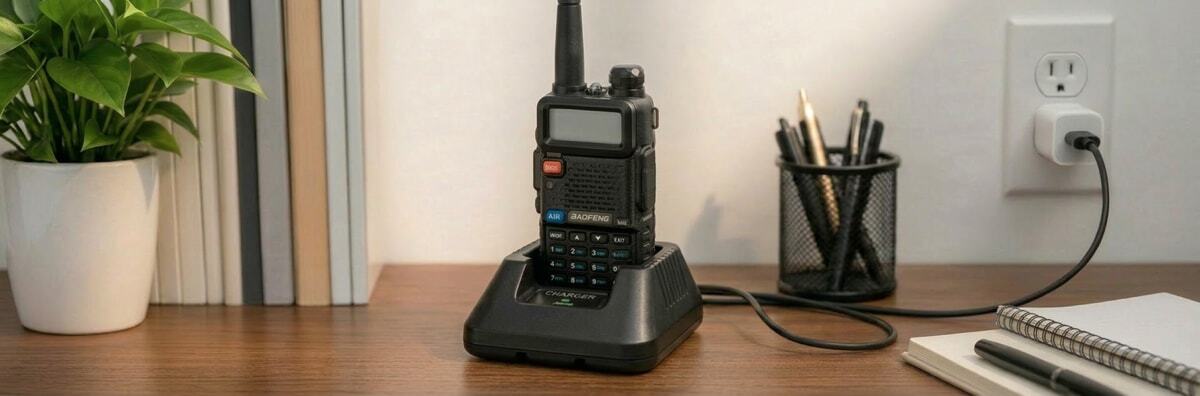 A Baofeng walkie-talkie sitting correctly in its desktop charging dock with the indicator light on.