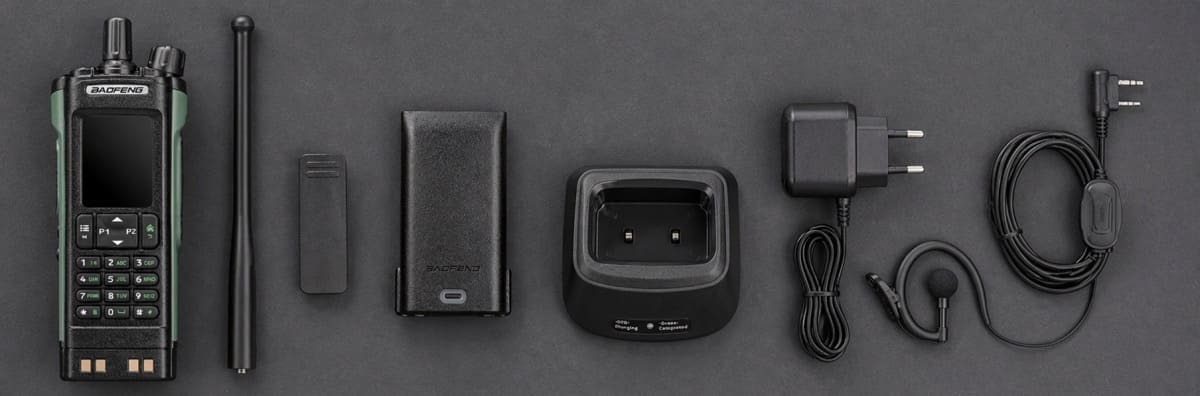 A clean commercial layout displaying an optimized high-gain whip antenna connected to a handheld radio.