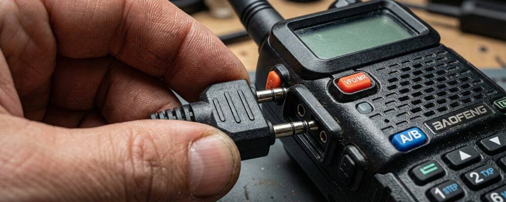 Close up of inserting a 2-pin USB programming cable into a Baofeng radio.
