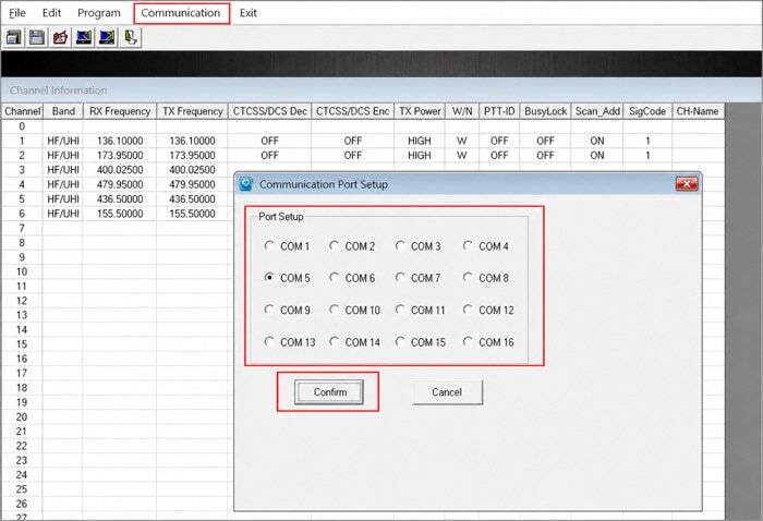 Baofeng UV-5R Factory CPS software Communication menu showing COM port selection step