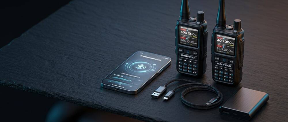 Two Baofeng UV-5R Mini walkie talkies next to a smartphone displaying the wireless Bluetooth programming app and a USB Type-C charging cable.