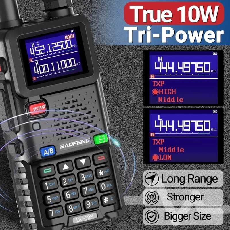 Baofeng UV-5RH 10W Tri-Band Walkie Talkie - Long Range, 2500mAh Battery, VHF/UHF, Airsoft, Hiking, Camping