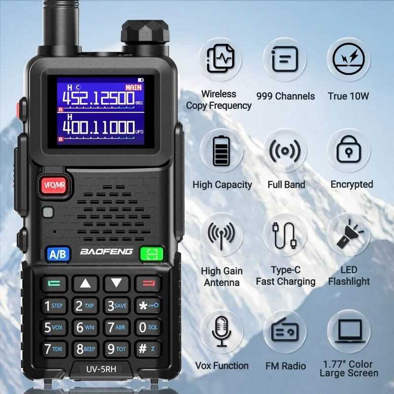 Baofeng UV-5RH 10W Tri-Band Walkie Talkie - Long Range, 2500mAh Battery, VHF/UHF, Airsoft, Hiking, Camping